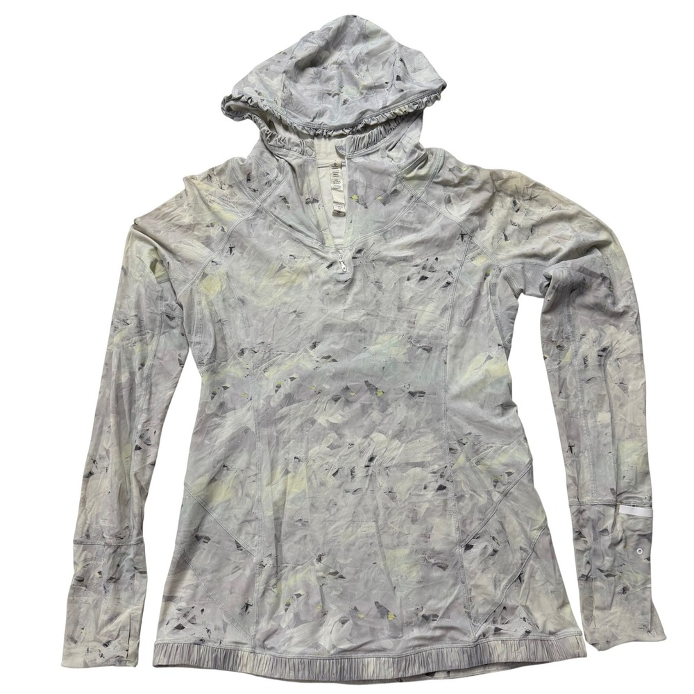 Lululemon Grey Yellow Abstract Camo Hooded Half Zip Running Top Women's Size 8